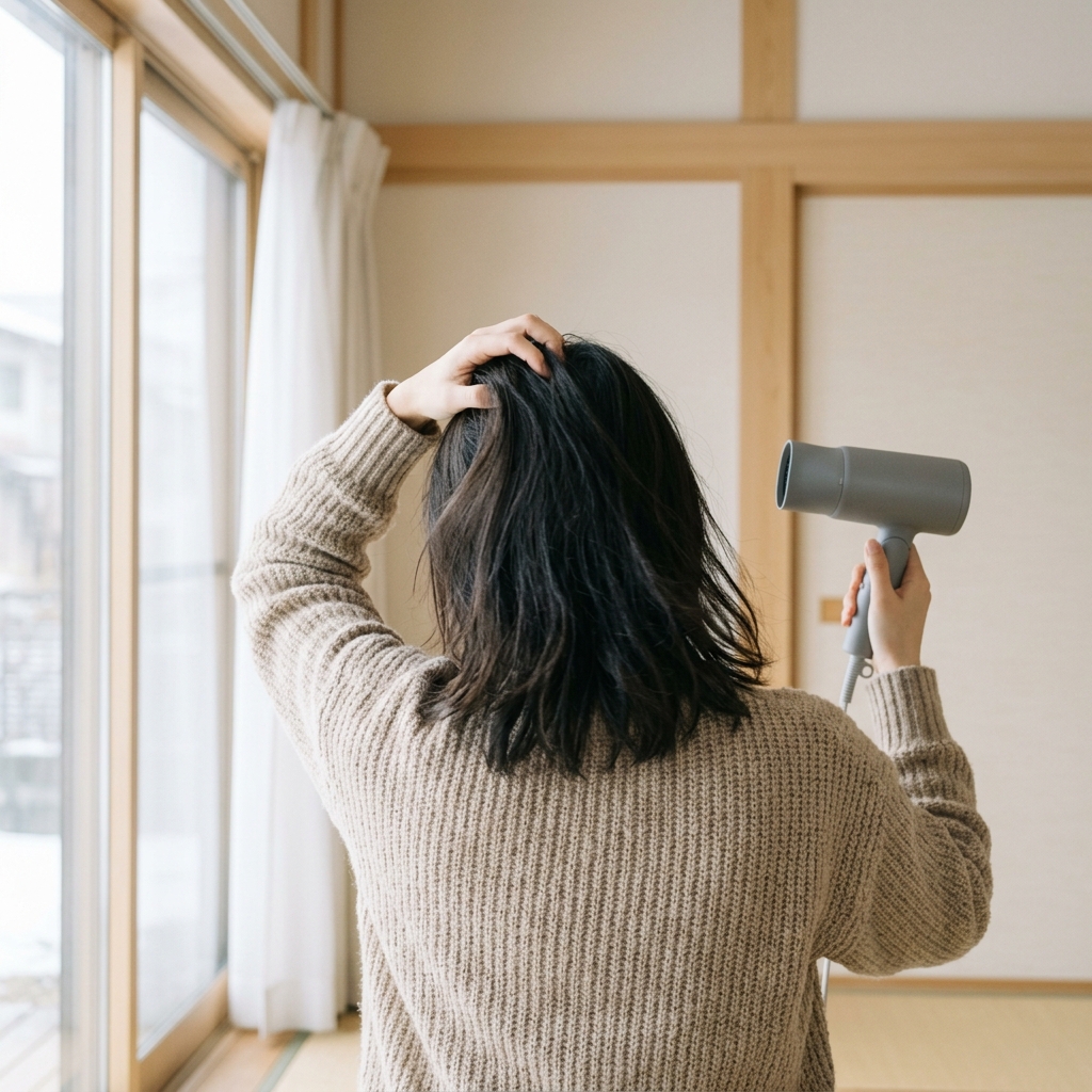 窓辺でドライヤーを根元にあてる女性の後ろ姿