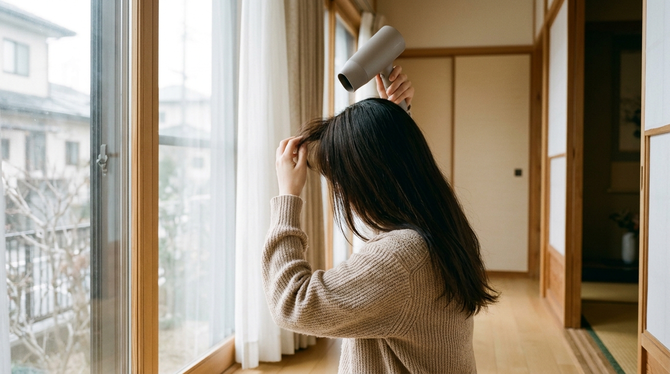 冬の朝、窓辺で髪を乾かす女性の後ろ姿