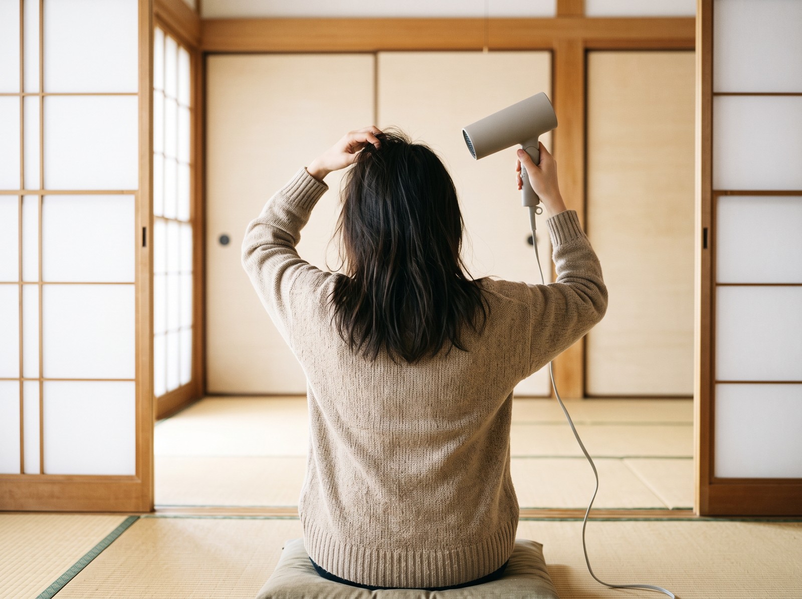ドライヤーで前髪の根元を乾かす手元