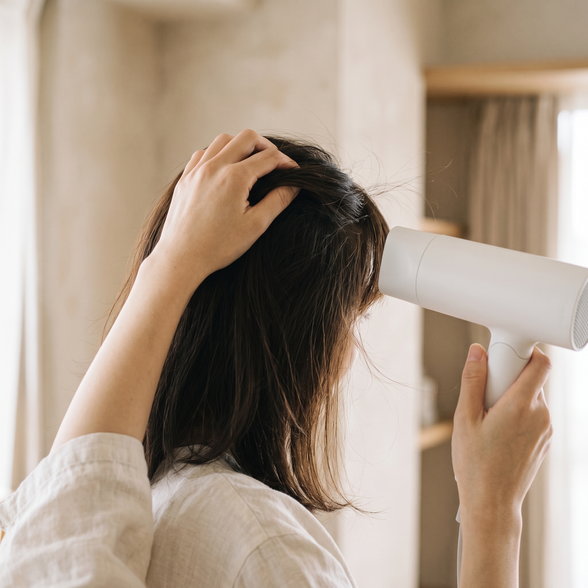前髪の根元をドライヤーで乾かす手元