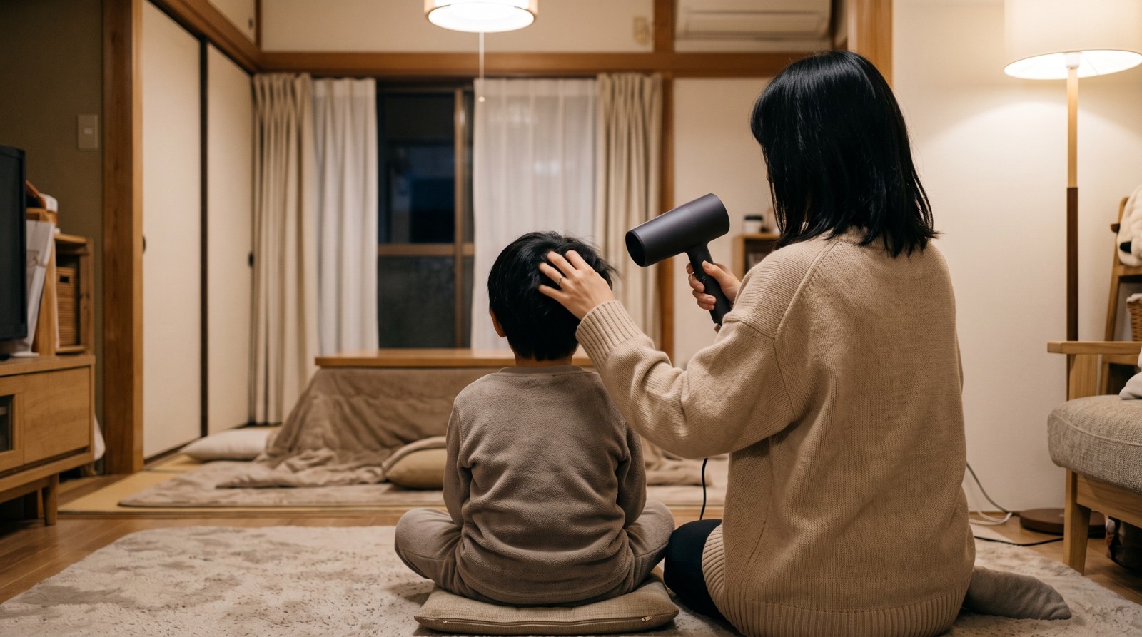 ママが子どもの髪を乾かす後ろ姿
