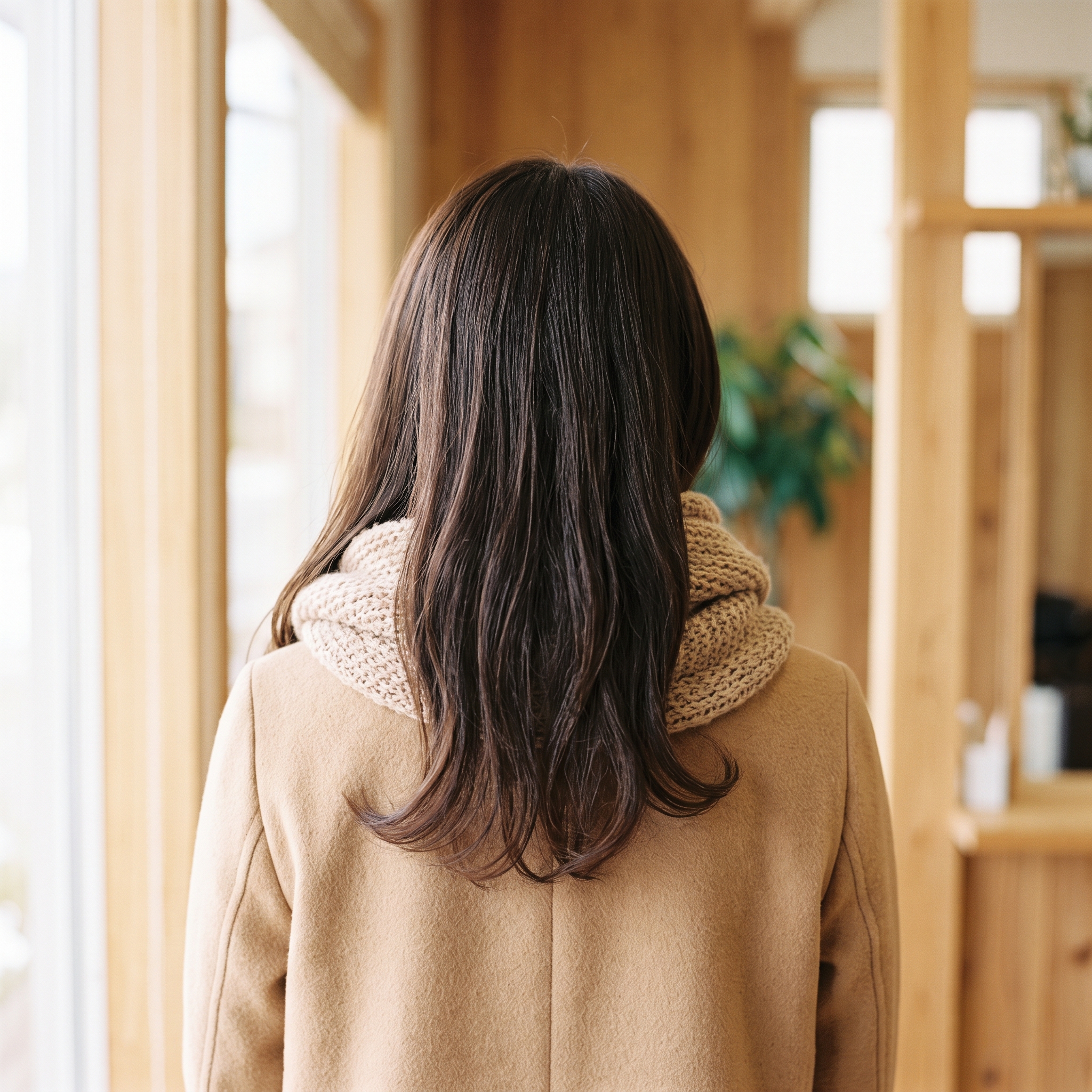 マフラーを巻いた女性の後ろ姿